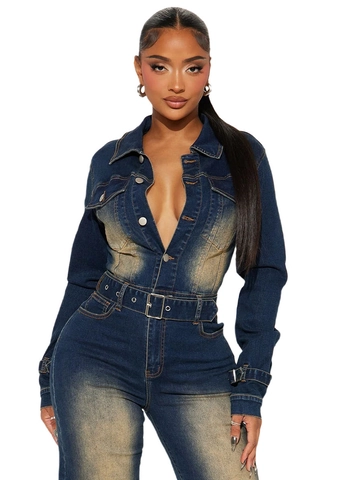Dames Vintage Washed Denim Jumpsuit Lange Mouwen Distressed Flare Leg Romper Met Riem Casual Retro Jeans