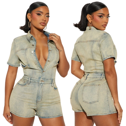 Damen Vintage Kurzarm Denim Romper Schmale Passform Acid Wash Jumpsuit Mit Revers Taschen Knopf Vorne Workwear Stil Romper