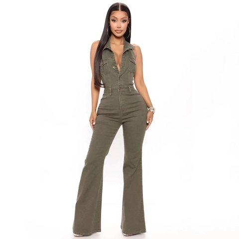 Mono Vaquero Sexy para Mujer Halter Espalda al Aire Solapa Abotonado Bolsillos Cargo Cintura Alta Acampanado Pierna Ancha Pantalón