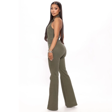 Combinaison Denim Femme Sexy Dos Nu Halter Col Revers Boutonnage Simple Poches Cargo Taille Haute Jambe Évasée Pantalon Long