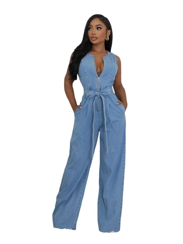 Tuta Intera da Donna in Denim Senza Maniche Scollo a V Cerniera Cintura Gamba Larga Casual Cotone Lavato Pantaloni Lunghi