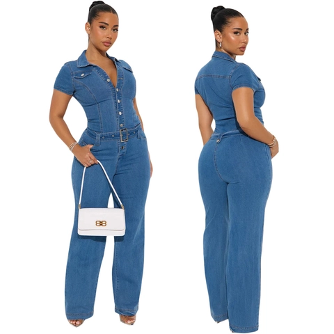 Tuta di Jeans da Donna Manica Corta Rever Abbottonata Gamba Larga Romper Con Cintura Casual Blu Tuta Streetwear Moda Salopette