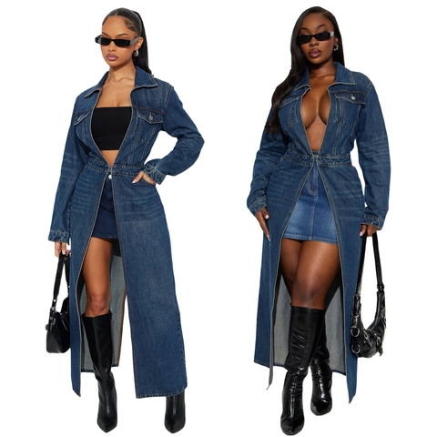 Γυναικεία Casual Έξτρα Μακριά Τζιν Καπαρντίνα Streetwear Ξεπλυμένο Μείγμα Βαμβακιού Τσέπη Μακρύ Μανίκι Ανοιχτό Μπροστά Μάξι Τζιν Μπουφάν
