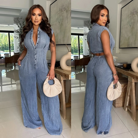Tuta Intera Donna Denim Sexy Senza Maniche Revers Bottoni Gamba Larga Lavaggio Acido Schiena Scoperta Misto Cotone Romper