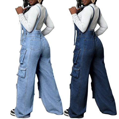 Women Casual Cargo Denim Overalls Multi Pockets Loose Wide Leg Jeans Jumpsuit Adjustable Straps Streetwear Denim Long Pants