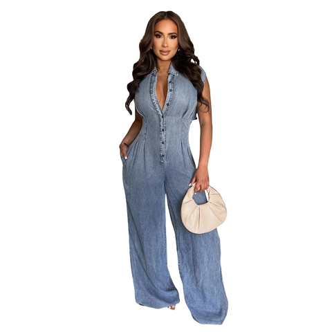Tuta Intera Donna Denim Sexy Senza Maniche Revers Bottoni Gamba Larga Lavaggio Acido Schiena Scoperta Misto Cotone Romper