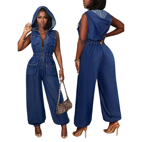 Mono de Mezclilla para Mujer Sin Mangas Con Capucha Estilo Cargo Cremallera Frontal Múltiples Bolsillos Pierna Ancha
