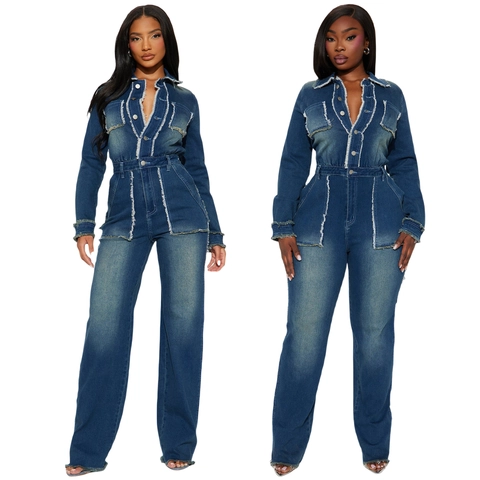 Dames Vintage Denim Jumpsuit Lange Mouw Revers Knoopsluiting Gerafelde Randen Slim Fit Uitlopende Pijpen Blauw Denim Romper
