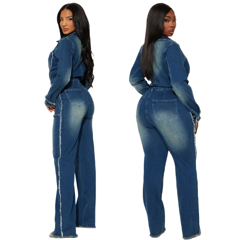 Dames Vintage Denim Jumpsuit Lange Mouw Revers Knoopsluiting Gerafelde Randen Slim Fit Uitlopende Pijpen Blauw Denim Romper