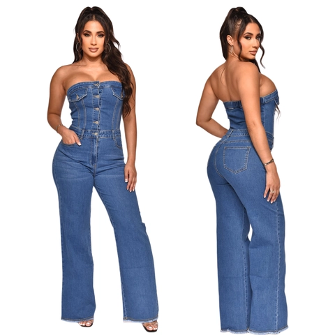 Women Strapless Denim Jumpsuit High Waist Flare Leg Slim Fit Button Front Jean Bodysuit Raw Hem One Piece Romper