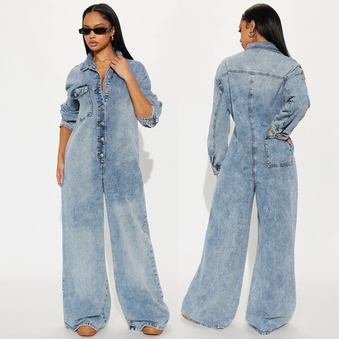 Dames Casual Denim Jumpsuit Lange Mouw Lichtblauw Gewassen Katoenmix Uitlopende Pijpen Romper High Street Style