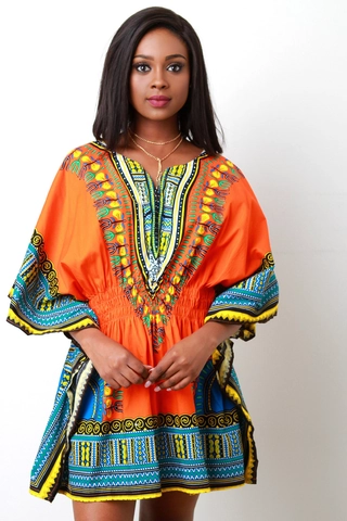 Abito Midi da Donna con Stampa Dashiki Africana Scollo a V Mezza Manica Vita Elastica Stile Etnico Boho Arancione