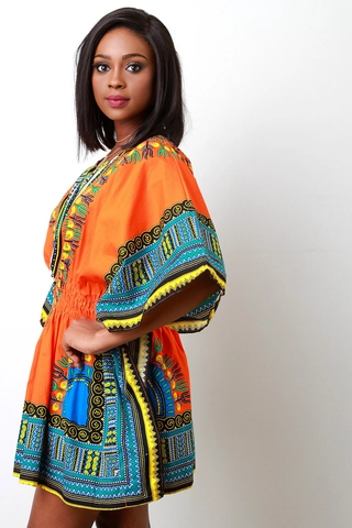 Abito Midi da Donna con Stampa Dashiki Africana Scollo a V Mezza Manica Vita Elastica Stile Etnico Boho Arancione
