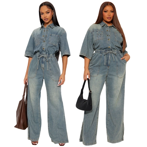 Women's Casual Denim Jumpsuit With Turn Down Collar Half Sleeve Drawstring Waist Wide Leg Split Hem Jeans Romper Blue