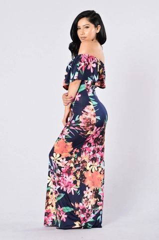 Women Floral Print Off The Shoulder Ruffle Maxi Dress Bohemian Summer Vacation Beach Party Long Floor Length Dress
