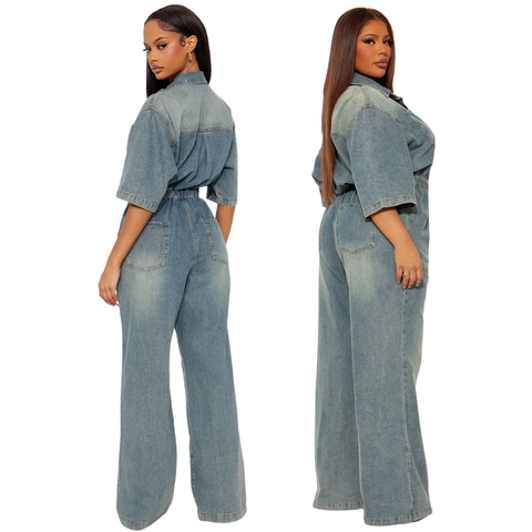 Women's Casual Denim Jumpsuit With Turn Down Collar Half Sleeve Drawstring Waist Wide Leg Split Hem Jeans Romper Blue