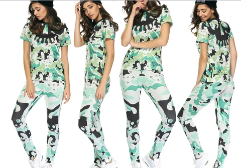 Women Sporty Casual Linen Tracksuit Camouflage Skull Diamond Print Top And Bottom Slim Round Neck Short Sleeve Tee Leggings