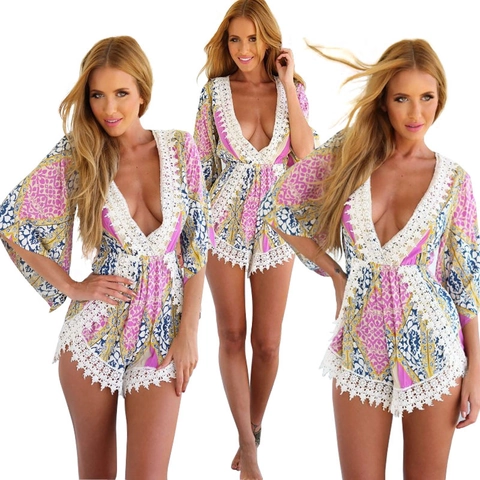Damen Boheme Blumenmuster Tief V-Ausschnitt Langarm Romper Playsuit Mit Weißer Spitze Sommer Strandurlaub Mode