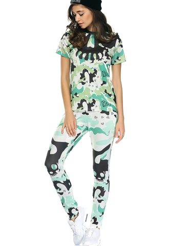 Women Sporty Casual Linen Tracksuit Camouflage Skull Diamond Print Top And Bottom Slim Round Neck Short Sleeve Tee Leggings