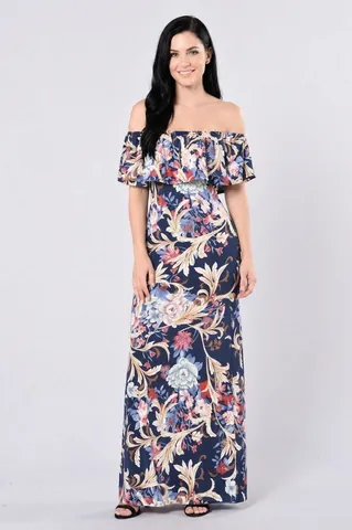 Bohemian Vintage Schulterfrei Rüschen Maxikleid Blumenmuster Sommer Urlaub Strandkleid Für Damen