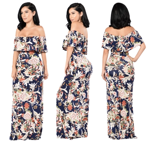 Women Off Shoulder Ruffle Floral Maxi Dress Bohemian Navy Blue Spandex Blend Casual Long Dress For Summer Vacation