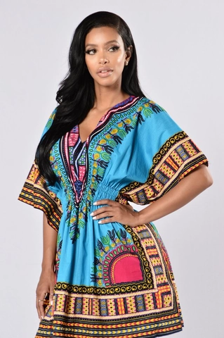 Damen Dashiki Kleid Mit Afrikanischem Druck Sexy V-Ausschnitt Fledermausärmel Elastische Taille Boho Ethno-Stil Sommerkleid
