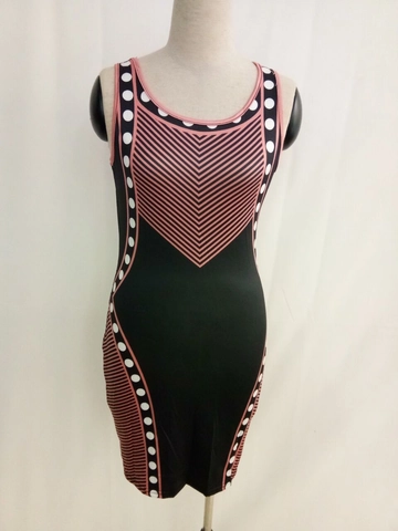 Robe Midi sans Manches pour Femmes Motif Géométrique Élégant Lin Polyester Slim Bodycon Patchwork Rayures en V Pois Robe de Fête