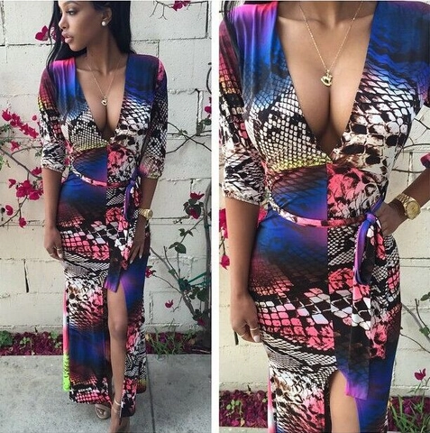 Vestito Lungo Donna Sexy Scollo a V Profondo Manica Lunga Stampa Serpente Spacco Alto Aderente Night Club Festa Vestito Lungo