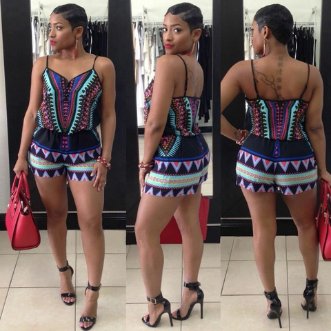 Combishort pour Femme Imprimé Géométrique Bohème Col en V à Bretelles Sans Manches Sexy Combinaison Courte Été Plage Tenue Décontractée