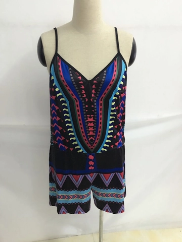 Combishort pour Femme Imprimé Géométrique Bohème Col en V à Bretelles Sans Manches Sexy Combinaison Courte Été Plage Tenue Décontractée