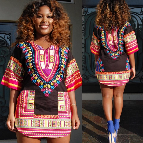 Women African Dashiki Ethnic Print Short Sleeve Dress V Neck Loose Fit Viscose Blend Boho Summer Casual Mini Dress