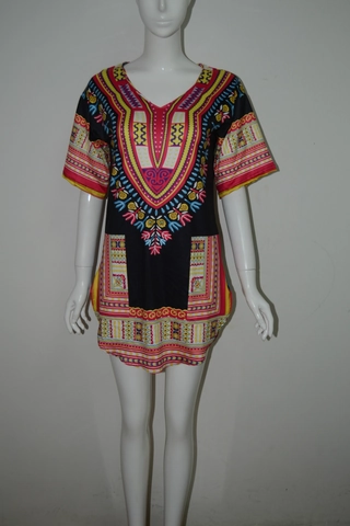 Dames Afrikaanse Dashiki Etnische Print Korte Mouw Jurk V-Hals Ruime Pasvorm Viscosemix Boho Zomer Casual Mini Jurk