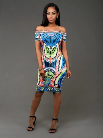 Vestito Mini Bodycon a Spalle Scoperte da Donna Stampa Tribale Geometrica Sexy Slim Fit Manica Corta per Festa Discoteca