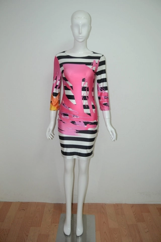 Vestito Bodycon da Donna a Righe Bianche e Nere Stampa Artistica Astratta Girocollo Manica a Tre Quarti Slim Fit Vestito a Matita Midi