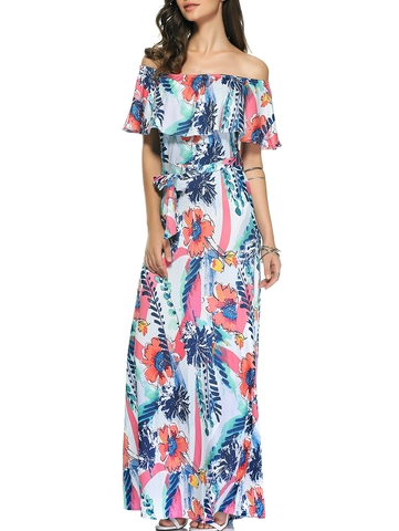 Vestido Largo Maxi con Hombros Descubiertos y Volantes Estampado Floral Verano Tropical con Cinturón Boho Playa Vestido Largo