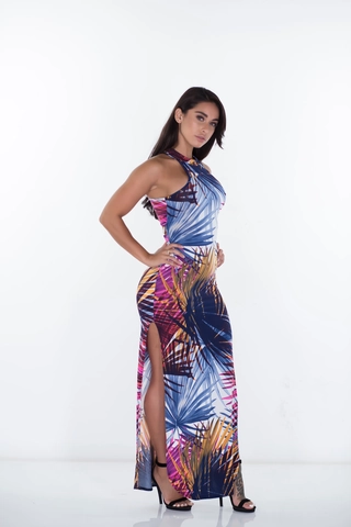 Damen Neckholder Ärmellos Maxi Kleid Tropisch Palmblatt Druck Hoher Schlitz Leinenmischung Sommer Urlaub Strand Langes Kleid