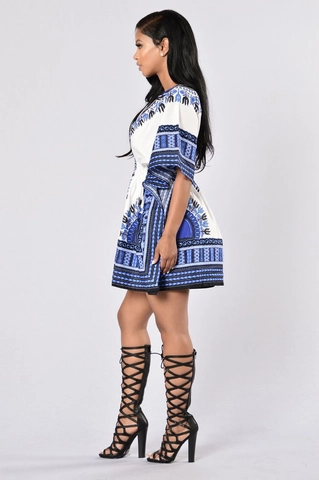 Damen Sexy Ethno Dashiki Print Kleid Vintage V-Ausschnitt Kurzarm Elastische Taille Böhmisches Minikleid Für Urlaub Party