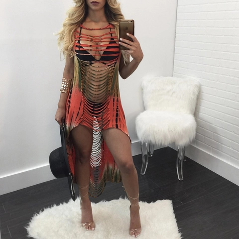Abito Maxi Senza Maniche Tie Dye Casual da Donna Boho Design Strappato Traforato Orlo Irregolare Copricostume da Spiaggia Estivo