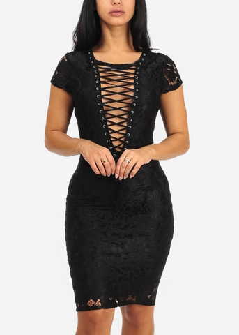 Women Sexy Black Lace Bodycon Dress Deep V-Neck Lace-Up Criss Cross Embroidery Short Sleeve Midi Nightclub Party Dress