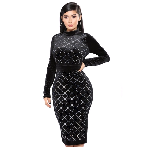 Women Sexy Mock Neck Backless Velvet Bodycon Midi Dress Long Sleeve Rhinestone Diamond Pattern Evening Party Dress