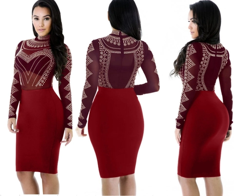 Vestito Midi Aderente Donna Sexy Strass a Caldo Patchwork in Rete Manica Lunga Collo Alto Borgogna Abito da Sera