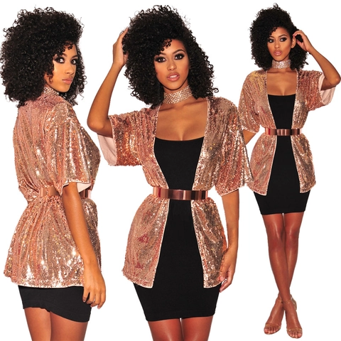 Damen Roségold Pailletten Strickjacke Offene Vorderseite Halbarm Glänzende Party Bühne Performance Glamouröse Jacke Top