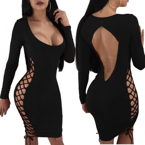 Damen Sexy Rückenfreies Langarm Figurbetontes Minikleid Seitliche Schnürung Hohl Aus Party Club Sommerkleid