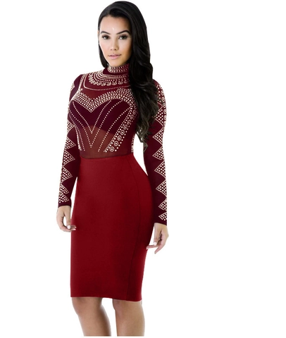 Vestito Midi Aderente Donna Sexy Strass a Caldo Patchwork in Rete Manica Lunga Collo Alto Borgogna Abito da Sera