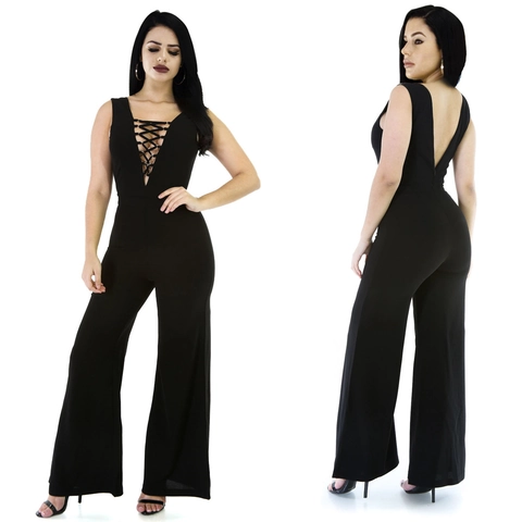 Sexy Women Sleeveless Deep V Neck Lace Up Backless Jumpsuit Elegant Solid Black Wide Leg Jumpsuits Party Club Outfits