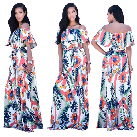 Damen Schulterfrei Maxikleid Mit Blumenmuster Rüschen Bindegürtel Leinenmischung Boho Sommer Strand Urlaub Party Langes Kleid
