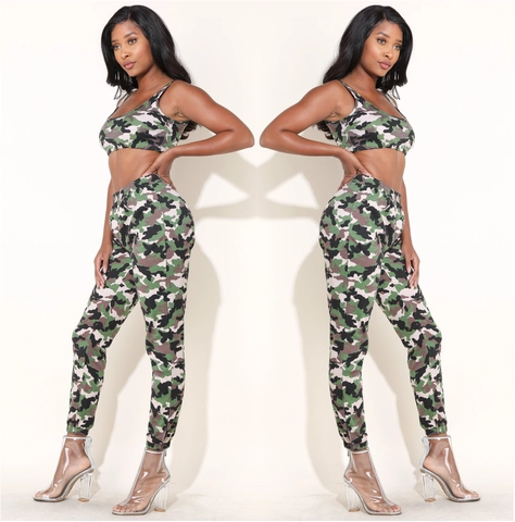 Tuta Camouflage da Donna Con Crop Top Senza Maniche E Pantaloni Jogger a Vita Alta Outfit Casual Per Fitness Corsa