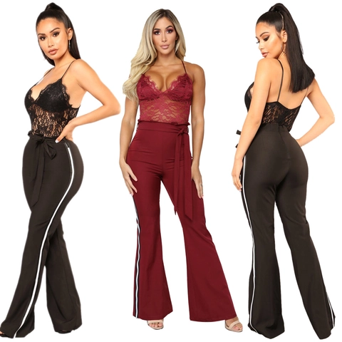 Damen Sexy Spitze Bodysuit Jumpsuit Set Hohe Taille Kontrast Seitenstreifen Weites Bein Schlaghose Clubwear Party Outfit