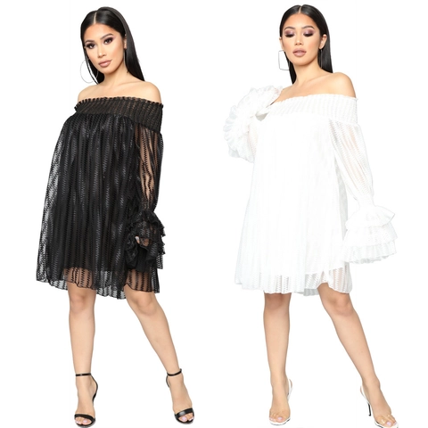 Women Off-Shoulder Ruffle Sleeve Mini Dress Sexy Wave Texture Flare Long Sleeve Solid Color Summer Fashion Party Dress