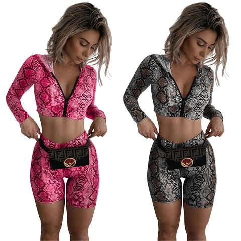 Completo Sportivo Donna Due Pezzi Stampa Pitonata Giacca Crop Con Cappuccio E Pantaloncini Da Ciclista A Vita Alta